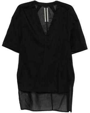 Rick Owens Short-Sleeved Semi-Sheer Cotton Blouse With V-Neck And Side Slits - Black