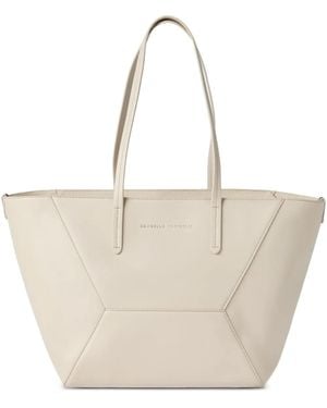Brunello Cucinelli Geometric-Panel Leather Shoulder Bag - Natural