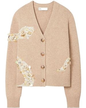 Tory Burch Embellished Wool Cardigan - Natural