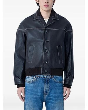 Wales Bonner Ribbed Trims Notched Leather Jacket - Blue