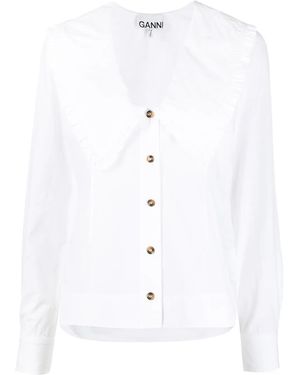 Ganni Ruched Organic Cotton Collar Blouse - White