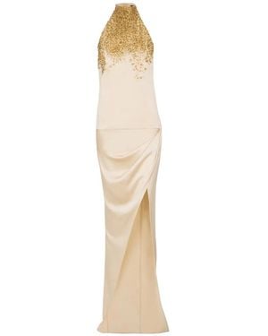 Balmain Silk Halterneck Dress With Sand Effect Embroidery - White