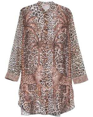 Pin-Up Stars Palm Animal Print Shirt Dress - White