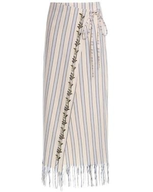 Agua Bendita Maria Valle Floral-Embroidered Striped Pareo Maxi Skirt - White