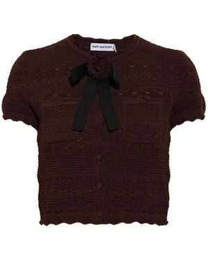 Self-Portrait Bow-Detail Pointelle-Knit Cardigan - Brown