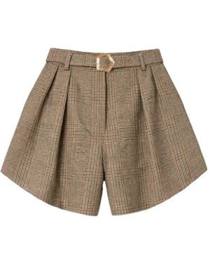 Violante Nessi Sherman Belted Pleated Wool Shorts - Brown