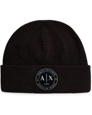 ARMANI EXCHANGE Logo-Patch Ribbed-Knit Beanie Hat - Black