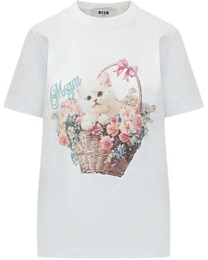MSGM Floral Kitten Graphic T-Shirt - White