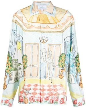 CASABLANCA Illustration-Style Print Silk Shirt - Natural
