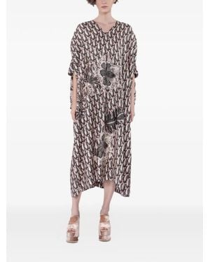 Biyan Opened-Sleeve Printed Midi Dress - White