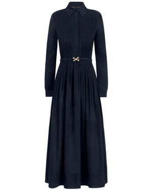 Oscar de la Renta Bow-Belt Pleated Flared Midi Shirt Dress - Blue