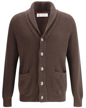 Brunello Cucinelli Shawl-Lapel Ribbed Cardigan - Brown