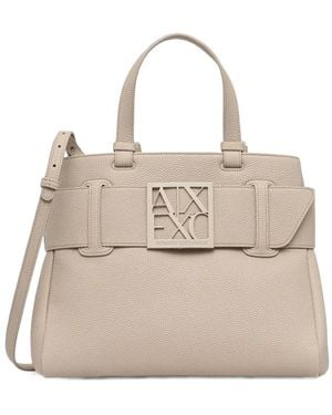 ARMANI EXCHANGE Logo-Plaque Pebbled Tote Bag - Natural