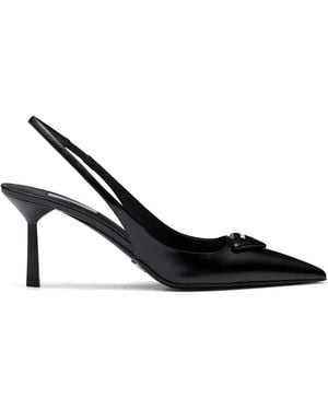 Prada Brand-plaque Slingback Heeled Brushed-leather Pumps - Black