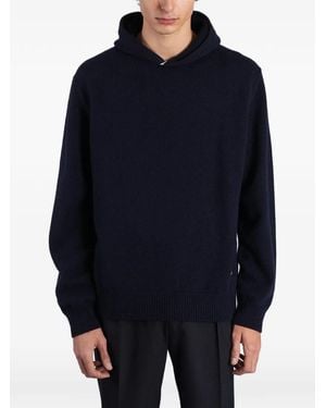 Grayed Logo-Plaque Knitted Hoodie - Blue