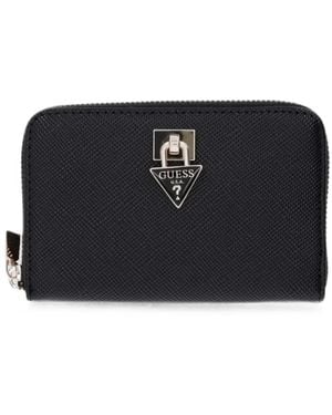 Guess Logo-Plaque Zip-Around Wallet - Black
