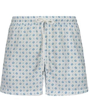 Fedeli Fish-Printed Drawstring Swim Shorts - Blue