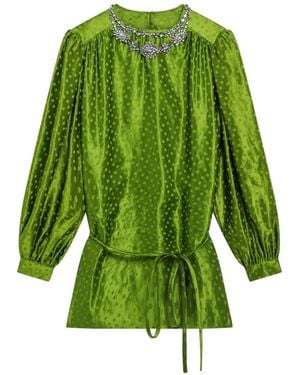 Valentino Garavani Embroidered Silk-Linen Plus-De-Pois Jacquard Top - Green