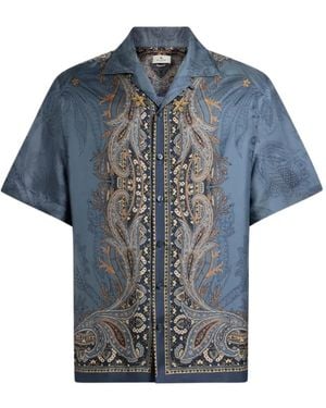 Etro Chemise De Bowling En Soie Avec Imprimé Pegaso Placé - Blue