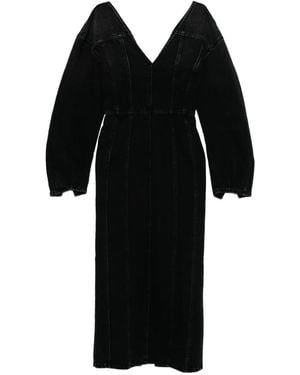 Haikure V-Neck Puff-Sleeve Midi Dress - Black