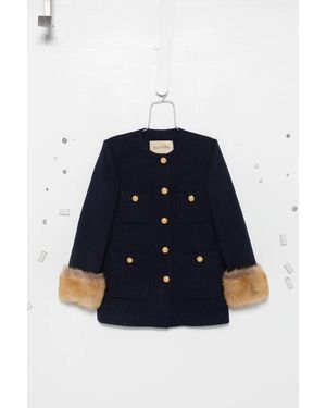 Valentino Garavani Fur-Trimmed Bouclé Coat - Blue