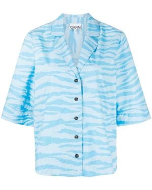 Ganni Zebra-Print Organic-Cotton Shirt - Blue