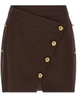 Elisabetta Franchi Asymmetrical Jewel-Button Mini Skirt - Brown