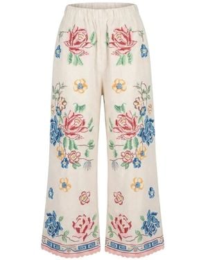 ORSINA Floral-Embroidered Pants - White