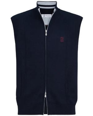 Brunello Cucinelli Cotton And Silk French-Terry Double-Knit Vest With Logo - Blue