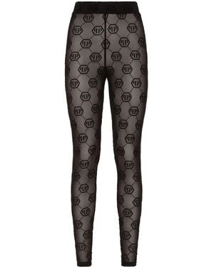 Philipp Plein Monogram-Pattern Tulle Leggings - Grey