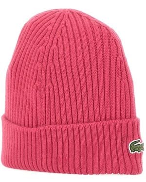 Lacoste Ribbed Logo-Patch Beanie Hat - Pink