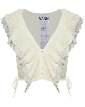 Ganni Top Con Ribete De Encaje Y Volantes - Blanco