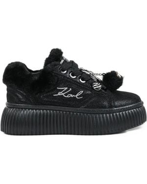 KARL LAGERFELD Faux-Fur Trim Charm-Embellished Trainers - Black