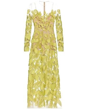 Elie Saab Floral-Appliqué Sheer-Panel Dress - Yellow