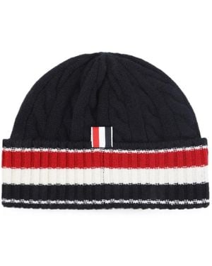 Thom Browne Cable-Knit Stripe Beanie Hat - Red
