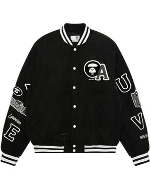 Aape By A Bathing Ape Moonface Embroidered-Patch Varsity Jacket - Black
