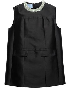 Prada Embroidered Double Shantung Dress - Black