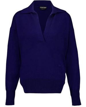 Tom Ford Polo-Strickoberteil Aus Kaschmir Mit V-Ausschnitt - Blau