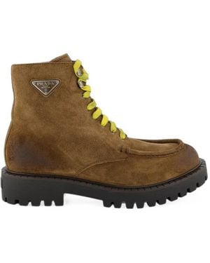 Prada Aged-Suede Lace-Up Ankle Boots - Brown
