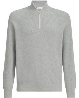 Brunello Cucinelli Cotton English Rib Jumper With Half Zip And Raglan Sleeves - Grey