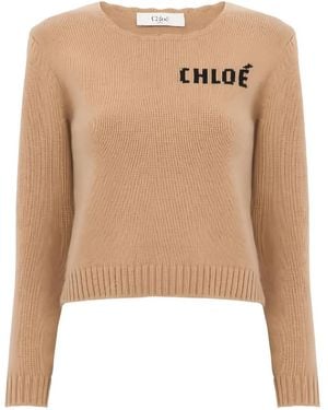 Chloé Wool And Cashmere Blend Jumper With Logo For - Natural