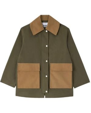 Ganni Contrast-Collar Elbow-Patch Jacket - Green