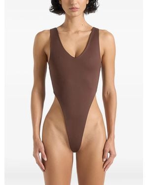 Manière De Voir Noa V-neck High-leg Bodysuit - Brown