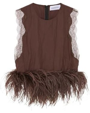 16Arlington Dickens Feather-Trim Lace-Detail Top - Brown