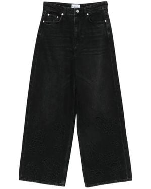Ganni Floral-Embroidered Wide-Leg Jeans - Black