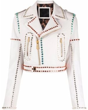 Philipp Plein Crystal-Trim Studded Cropped Biker Jacket - White