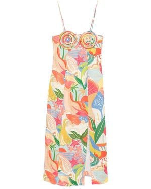 FARM Rio Banana Aquarela Pleated Printed Swiss-Dot Linen Midi Dress in Green  | Lyst