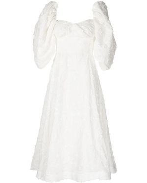 ANOUKI Puff-Sleeve Floral-Embroidered Midi Dress - White