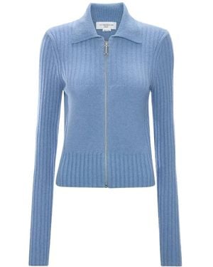 Victoria Beckham Ribbed-Knit Zip-Up Sweater - Blue