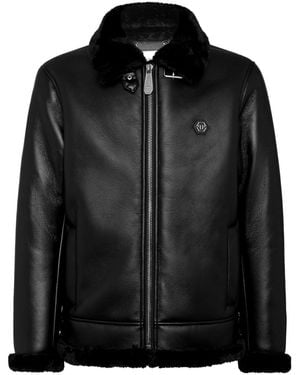 Philipp Plein Logo-Patch Faux-Leather Bomber Jacket - Black